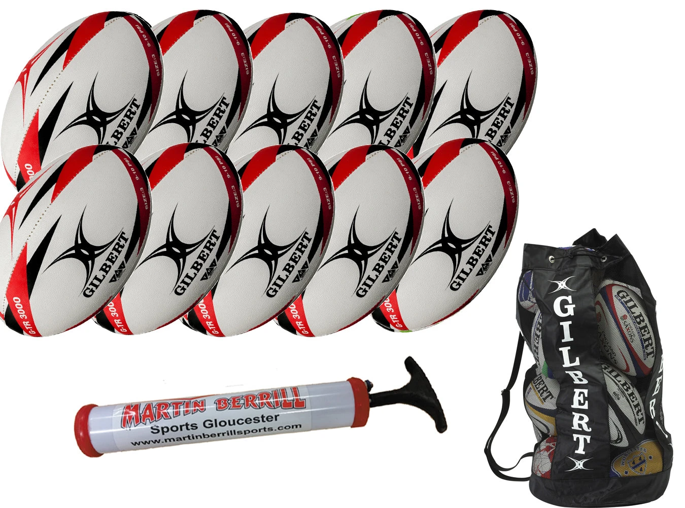 Gilbert G-TR3000 Ten Pack With Hand Pump & Ball Bag 1 Gilbert G-TR3000 Ten Pack With Hand Pump & Ball Bag