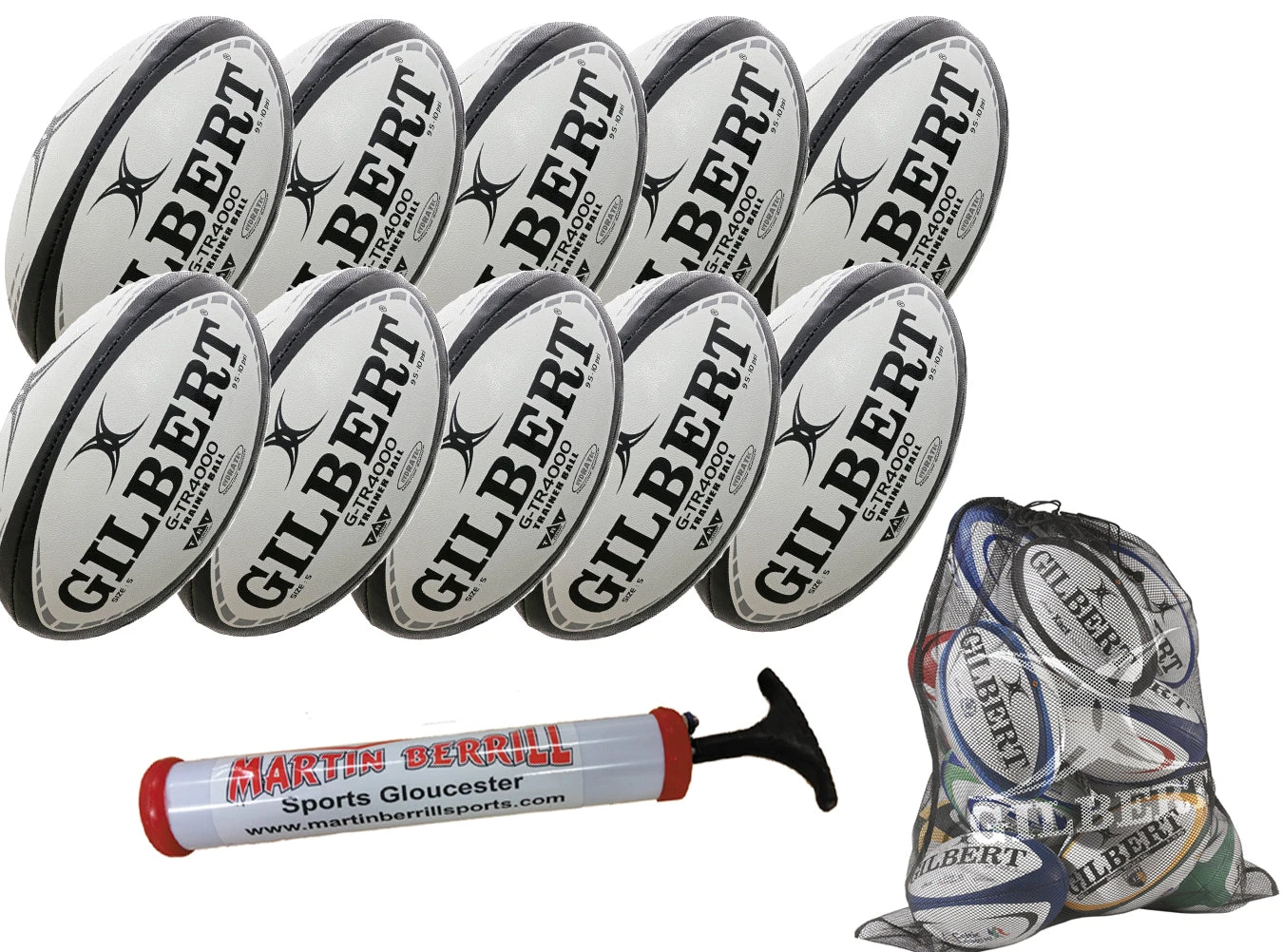 Gilbert G-TR4000 Ten Pack With Hand Pump & Mesh Ball Sack 1 Gilbert G-TR4000 Ten Pack With Hand Pump & Mesh Ball Sack